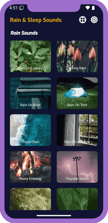 Rain sounds app home screen showing multiple rain sound mixes.