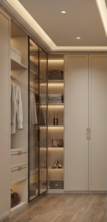 Modern luxury walk-in closet with integrated LED lighting and glass wardrobe doors.