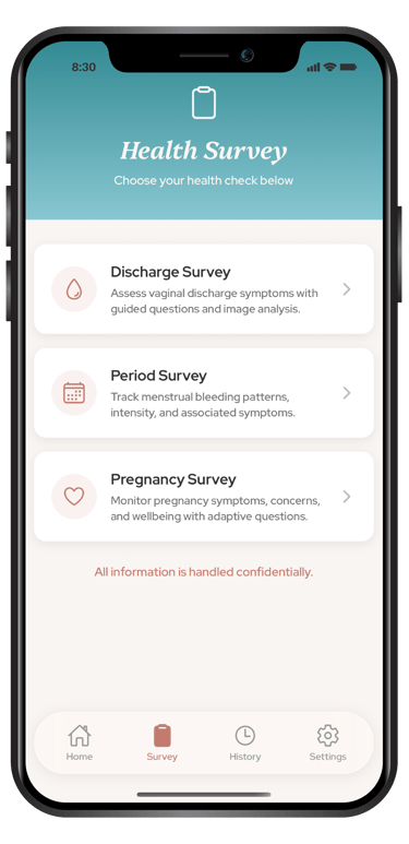 A mobile app interface displaying a Health Survey menu with options for Discharge, Period, and Pregnancy surveys.