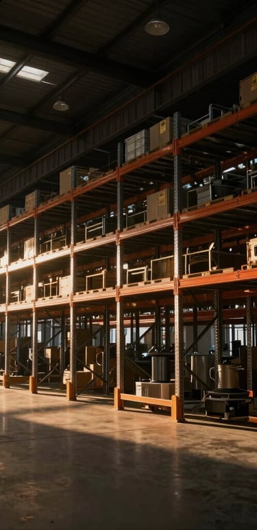 Wide-angle interior of a massive, clean modern warehouse with high-tech steel racking, warm ambient lighting casting long shadows, industrial scale.
