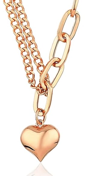 Layered Necklace. 14k Gold Heart Charm Oval Paperclip & Double Curb Chain Choker, 2 Strand Charm