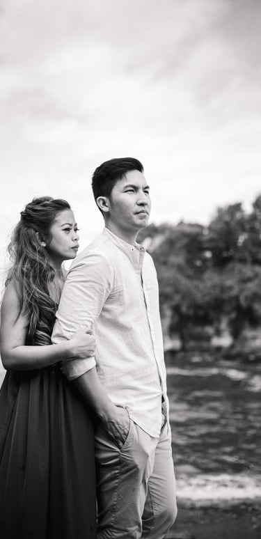Black and white romantic couple portrait at Tanah Lot Bali.