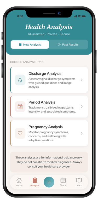 Muuza health analysis app interface showing options for discharge, period, and pregnancy tracking.