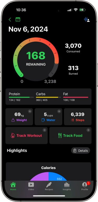 a smartphone phone showing a dashboard nutrition calories daily intake