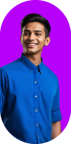 a man in a blue shirt and tie dye on a purple background