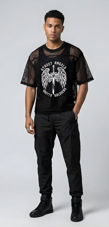 A man wearing a black mesh graphic t-shirt and cargo pants in a streetwear fashion style.