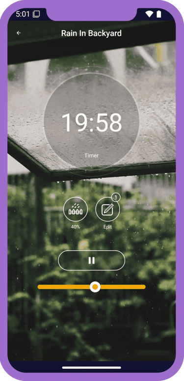 Rain sounds app player screen with rain audio and sleep timer.