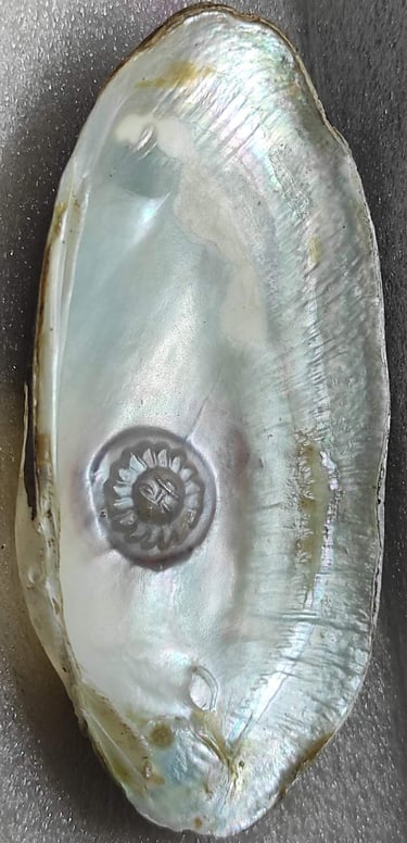 "Side view of 11mm white cultured pearl with radiant sun design–using nucleus technique-For global distribution"