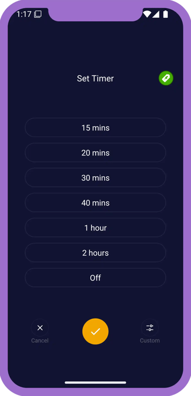 Rain sounds app sleep timer screen with multiple duration options