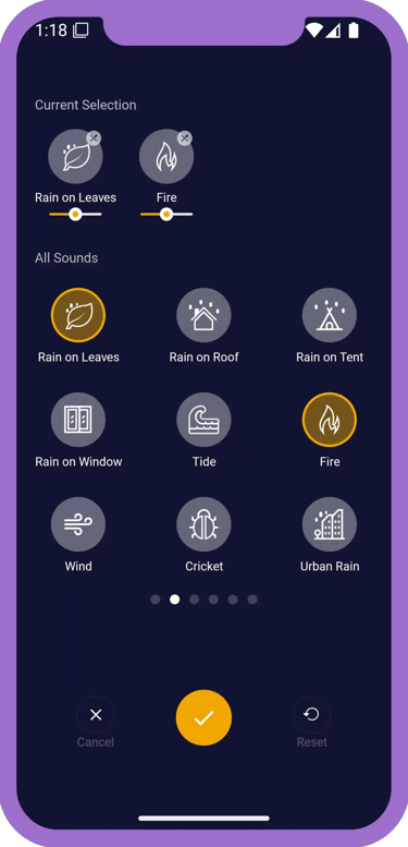 1Rain sounds app sound mix screen where users adjust volume to create a custom mix.