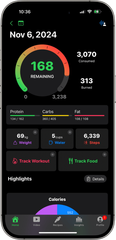 a smartphone phone showing a dashboard nutrition calories daily intake
