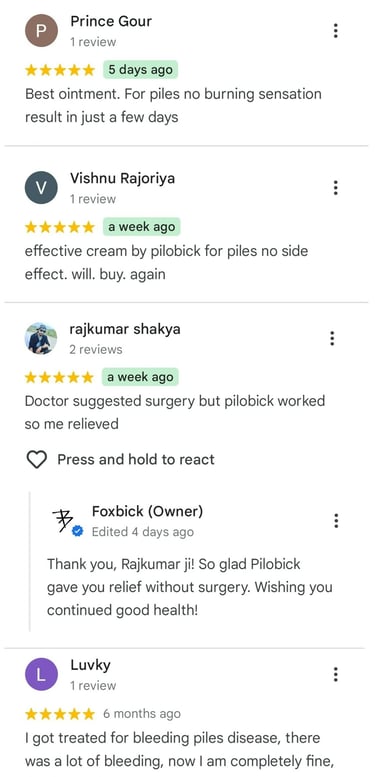 Google reviews – patients cured from bleeding piles using Pilobick ointment