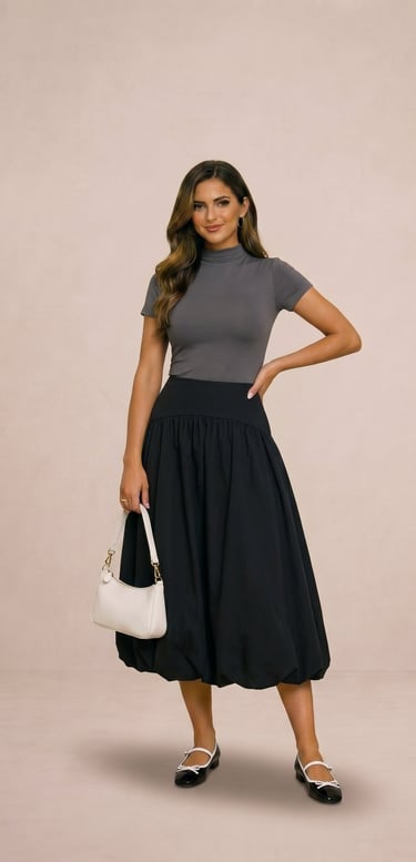 Falda midi burbuja de popelina negro azabache streamgirl para mujer