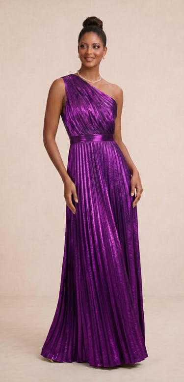 vestido asimetrico con el color purpura metalico para damas