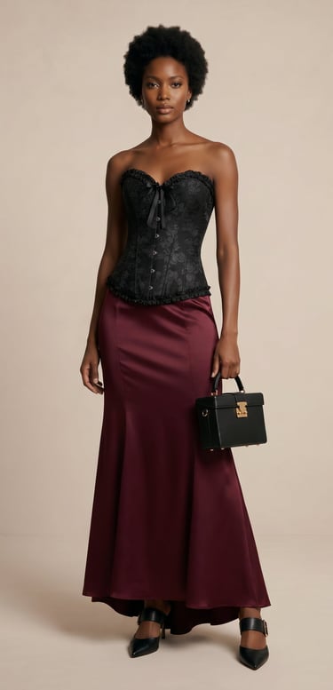 top corse estructurado jacquard con broches frontales y detalles de volantes color negro azabache 