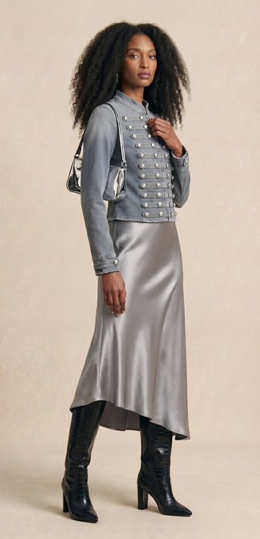 chaqueta militar napoleonica con botones plateados y cuello alto color gris lavado para mujer