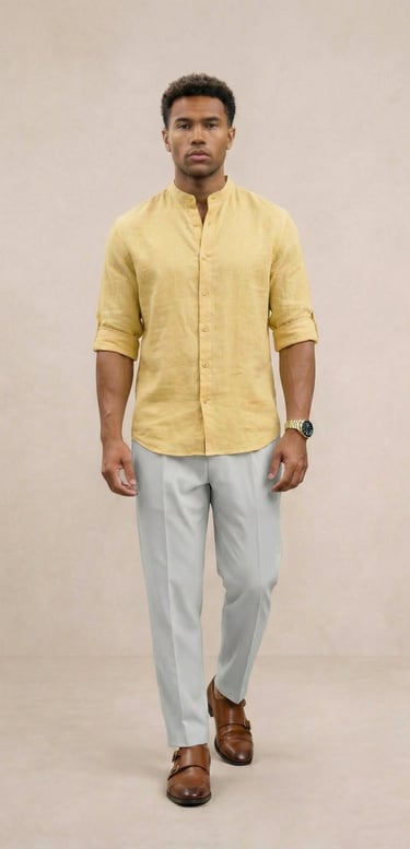 Camisa de lino hombre cuello Mao color amarillo trigo corte holgado casual