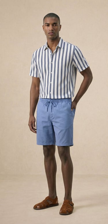 Pantalón corto de lino para hombre azul índigo con cordón ajustable casual