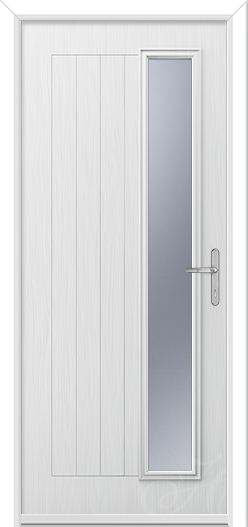 a white front door with a long piece of glass to the right