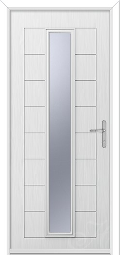 a white composite door with one long piece of glass