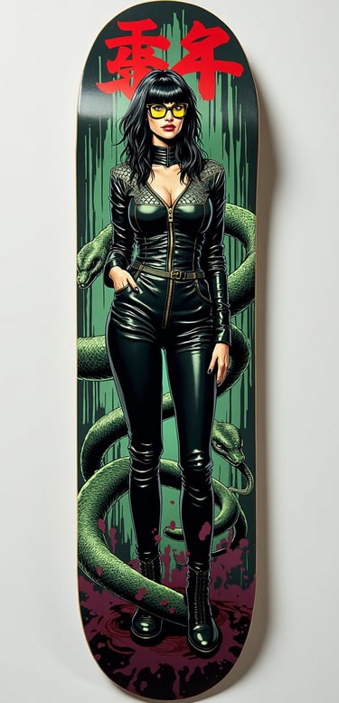 Custom skateboard deck featuring a comic art woman in a black leather suit with a green snake graphic.