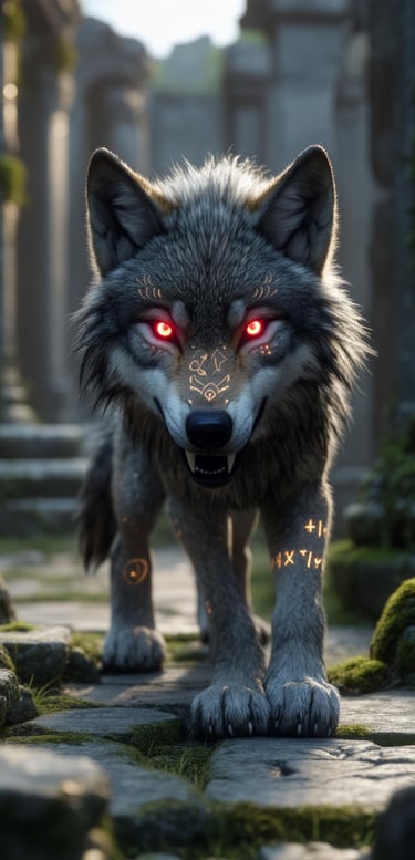 Gray wolf with glowing red eyes and rune markings