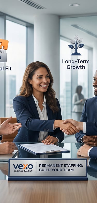 Professional business team shaking hands in a high-rise office for permanent staffing and cultural fit.