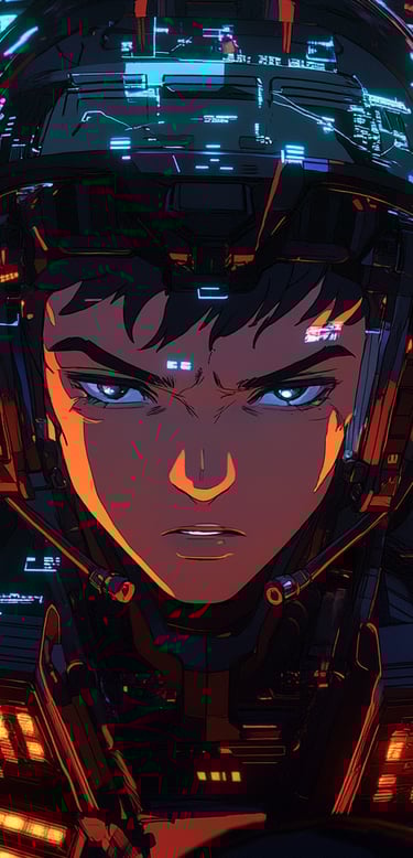 Giovane pilota in armatura futuristica all'interno di una cabina di comando mecha.
