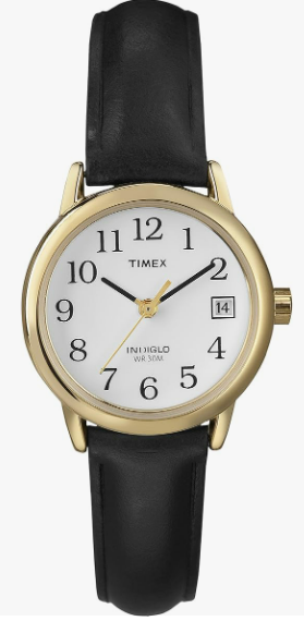gold women's watch with black leather straps