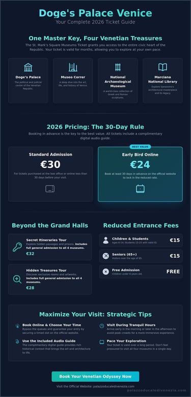 Infographic guide for 2026 Doge's Palace Venice tickets including prices, museum access, and travel tips.