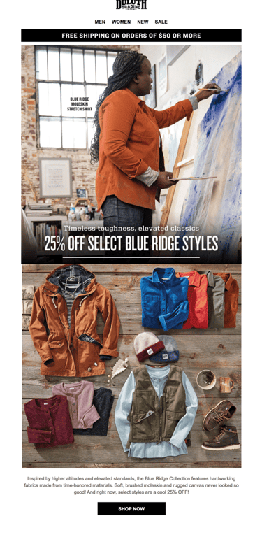 Screenshot of an email featuring Duluth Trading model Lanecia in her painting studio.