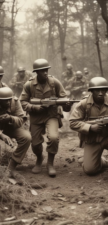 A group of soldiers in camouflage uniforms are tending to an injured comrade on a stretcher. The scene suggests a military exercise or a training environment, as the soldiers are actively engaged in care and communication.
