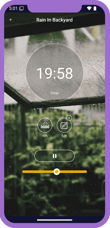 Rain sounds app player screen with rain audio and sleep timer.