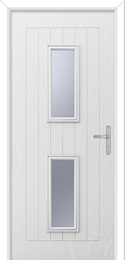 white front door with two pieces of glass