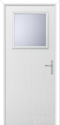 white door with square of glass for back door