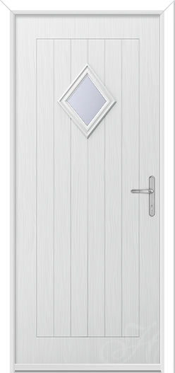 white front door with diamond glass