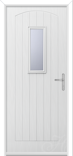 white composite door with a small rectangular glass panel in the middle