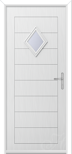 a white door with a diamond glass panel called chimaera 1