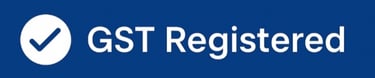 a blue and white logo with the words gst registered