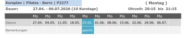 Kurs P2277 Pilates Barre für Anfänger und Fortgeschrittene 