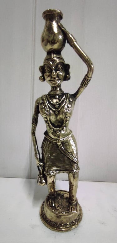  "Handcrafted brass tribal woman carrying pot on head–front view-for overseas demand"
