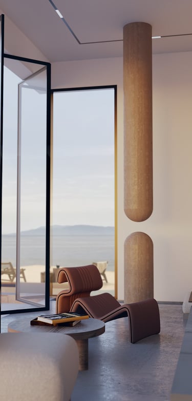 Minimal interior with sculptural column detail, designed by Moori Interiors