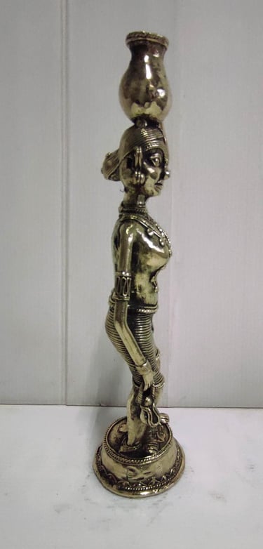 "Traditional brass tribal woman with pot–right side view-for export markets"