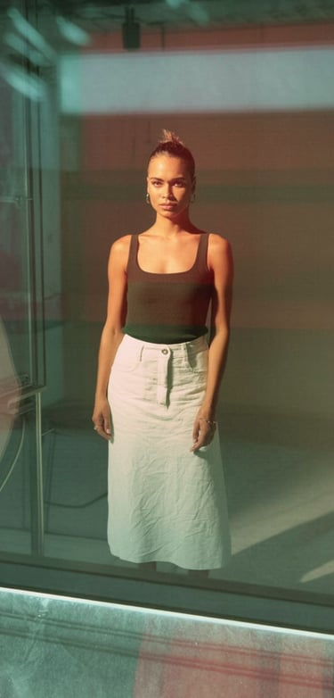 A woman wearing a dark scoop neck tank top and white midi skirt posing in warm studio lighting.