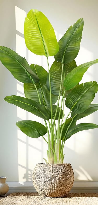 A large Bird of Paradise indoor plant in a woven basket pot standing next to a grey sofa in a sunlit room.
