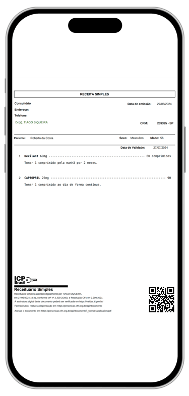Exemplo de receita digital que receberá após a consulta