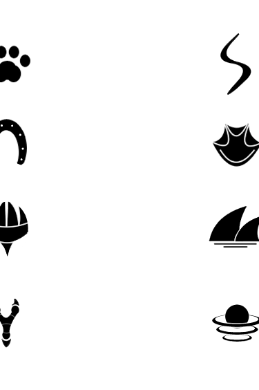 8 images of the Prints in the game: a paw print, horseshoe, stylized claws, bird talon, slither mark