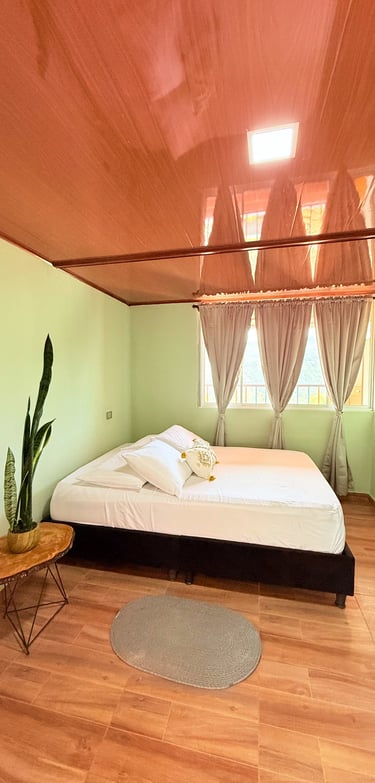 Habitación con cama doble, iluminada.