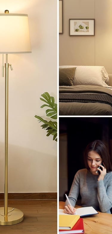 Modern gold floor lamp with a white fabric drum shade illuminating a cozy living room and bedroom.