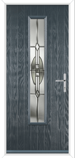 chartwell grey composite door with grey hardware and a long glazed panel with pattern glass